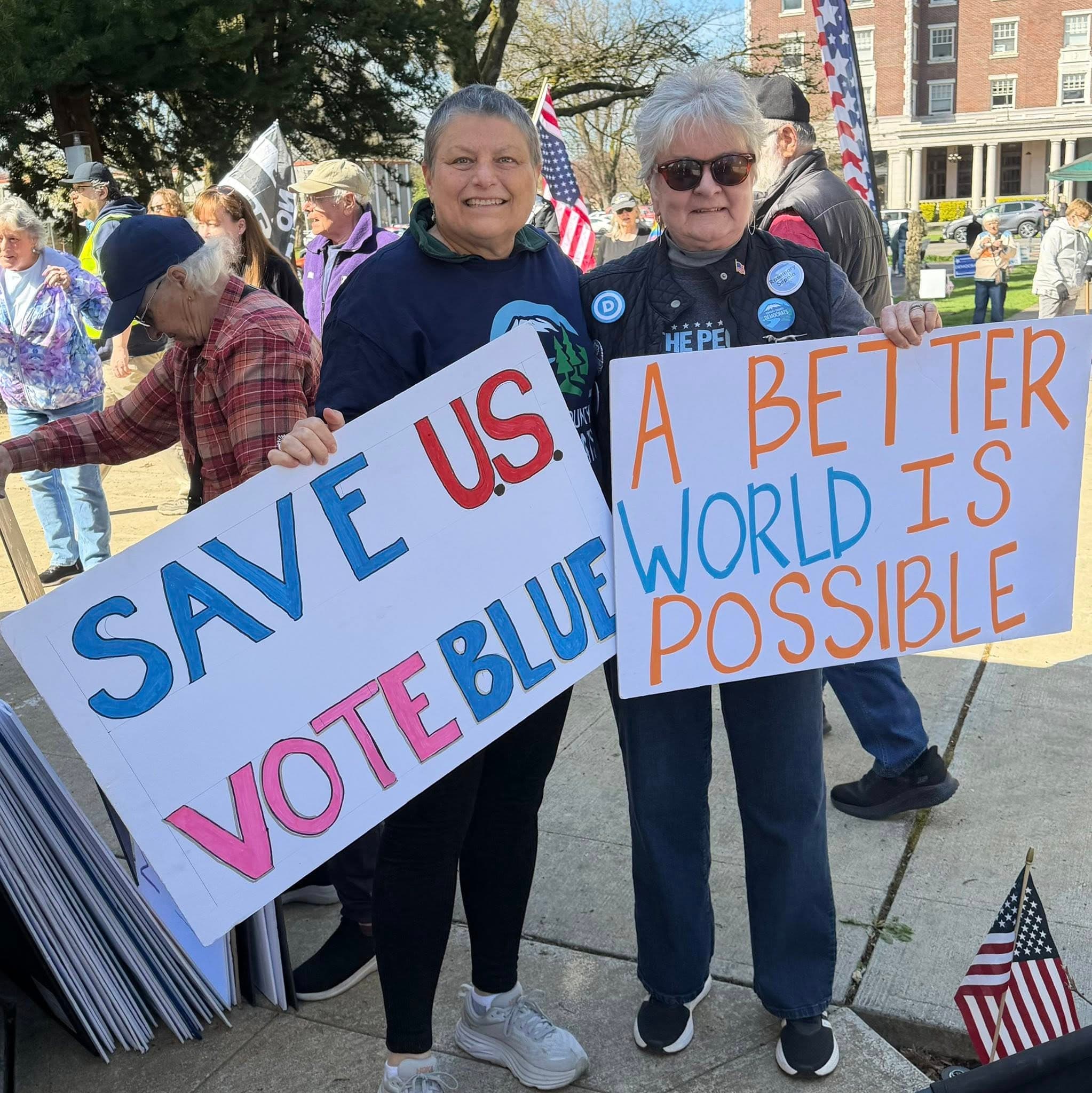 Teresa at a Vote Blue rally holding signs